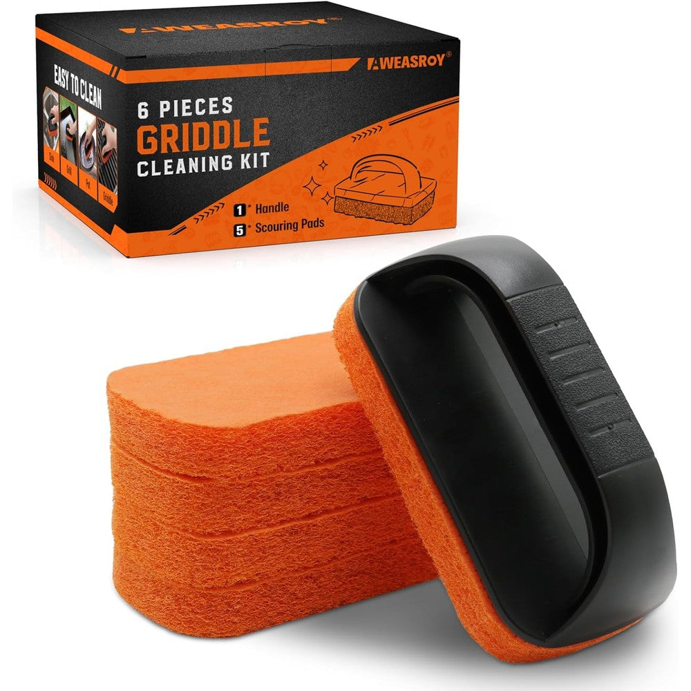 AWEASROY 6-Piece Griddle Cleaning Kit front view showing handle and orange pads.