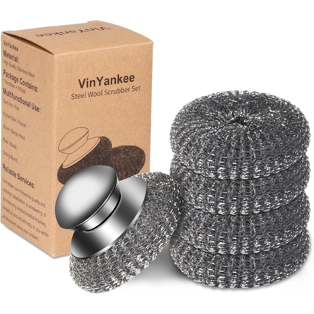 VinYankee stainless steel wool scrubber front view with handle and replacement pads.