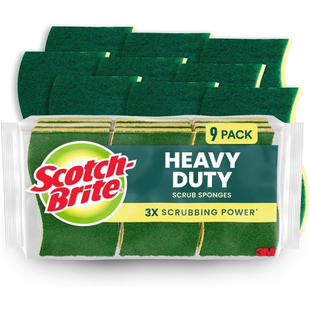 Scotch-Brite Heavy Duty Scrub Sponge 9 pack front view for professional kitchen cleaning.