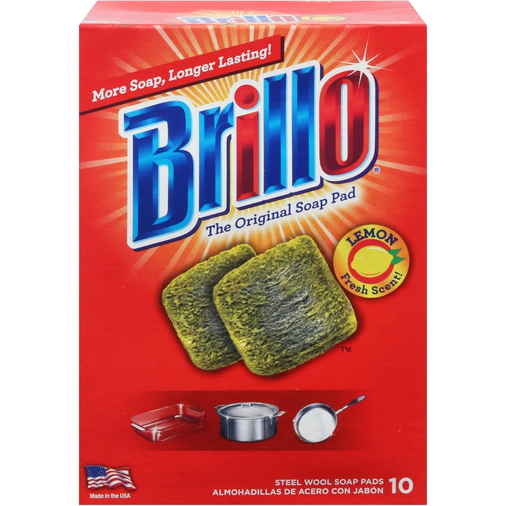 Brillo Steel Wool Soap Pads Lemon 10 Count pack front view for heavy duty cleaning.