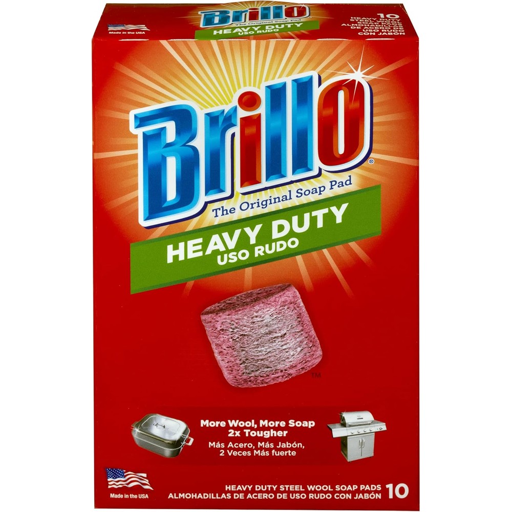 Brillo Heavy Duty Steel Wool Soap Pads front view 10 count pack grease fighter