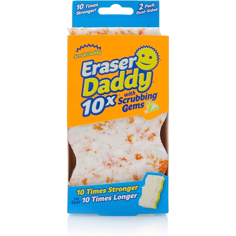Scrub Daddy Eraser Daddy 10x front view of dual sided cleaning sponge pack.