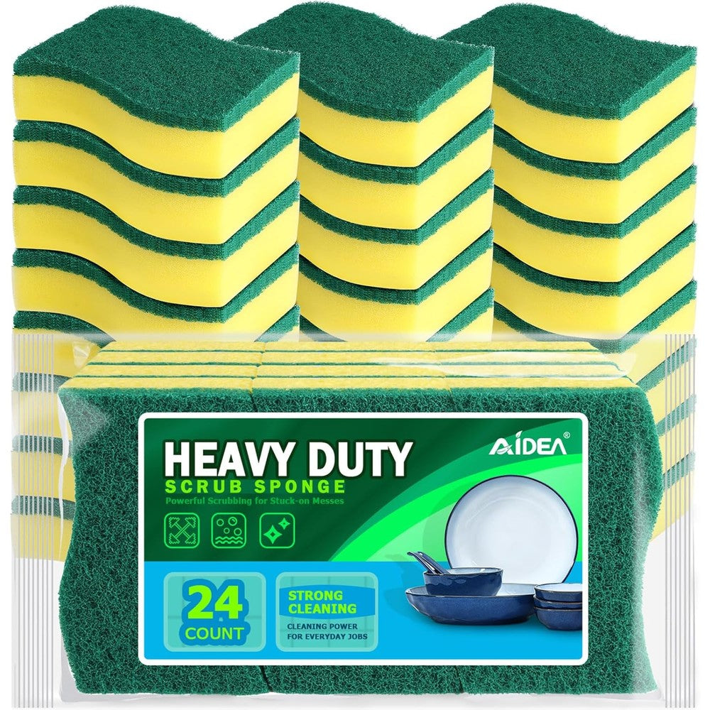 AIDEA heavy duty scrub sponge 24 pack front view showcasing yellow foam and green scour pad