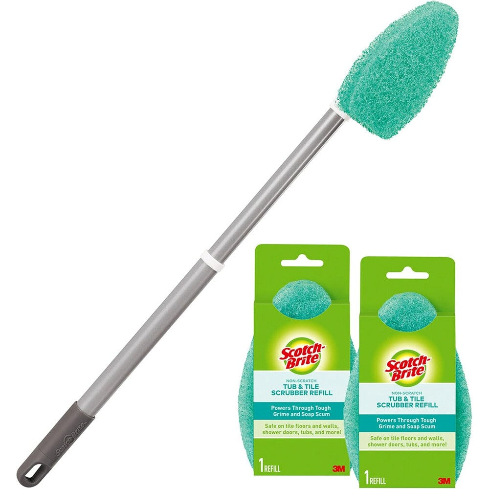 Scotch-Brite Extendable Tub and Tile Scrubber Kit front view packaging showing handle and three turquoise pads.