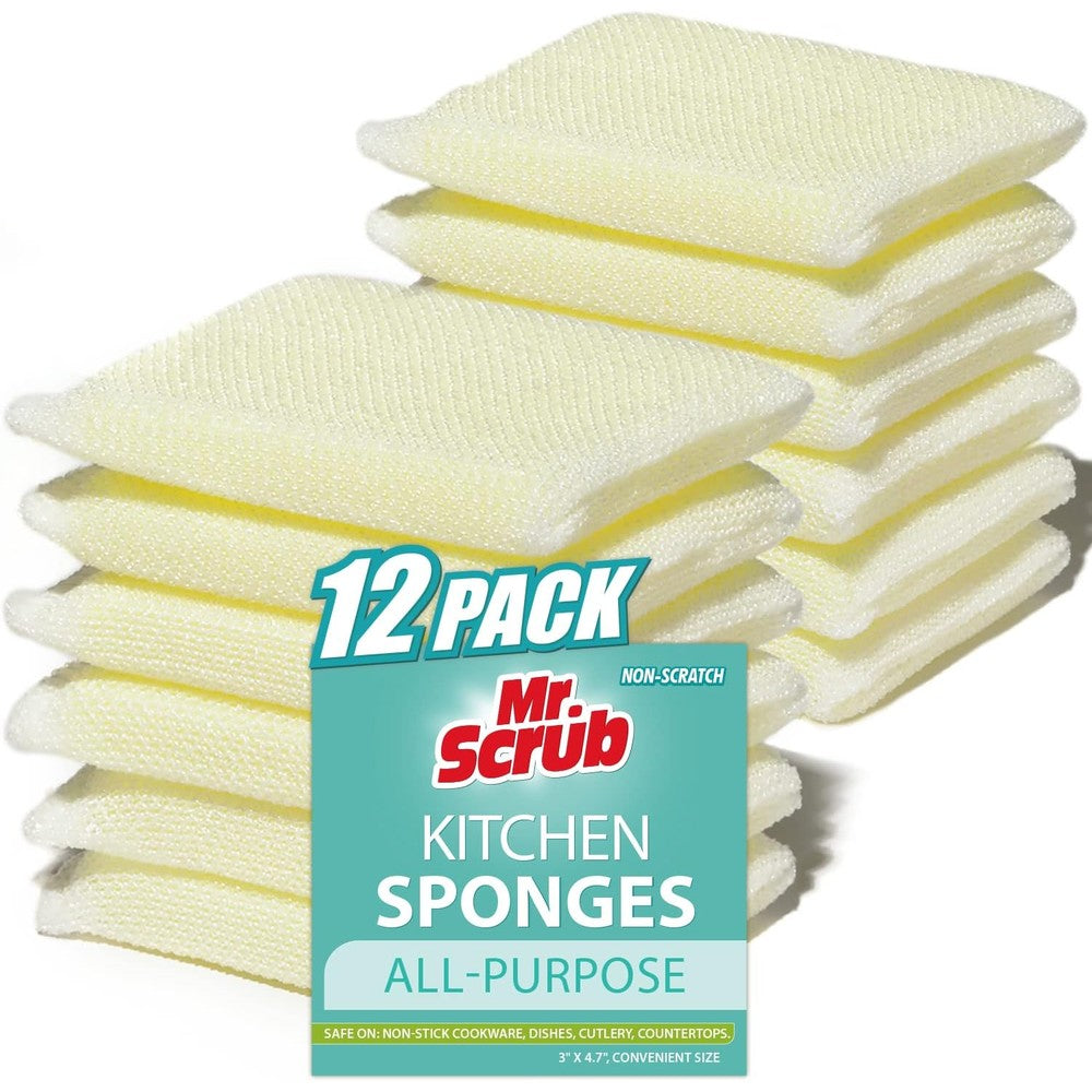 Mr. Scrub All Purpose Non Scratch Sponges twelve pack front view showing premium kitchen dish scrubbers.