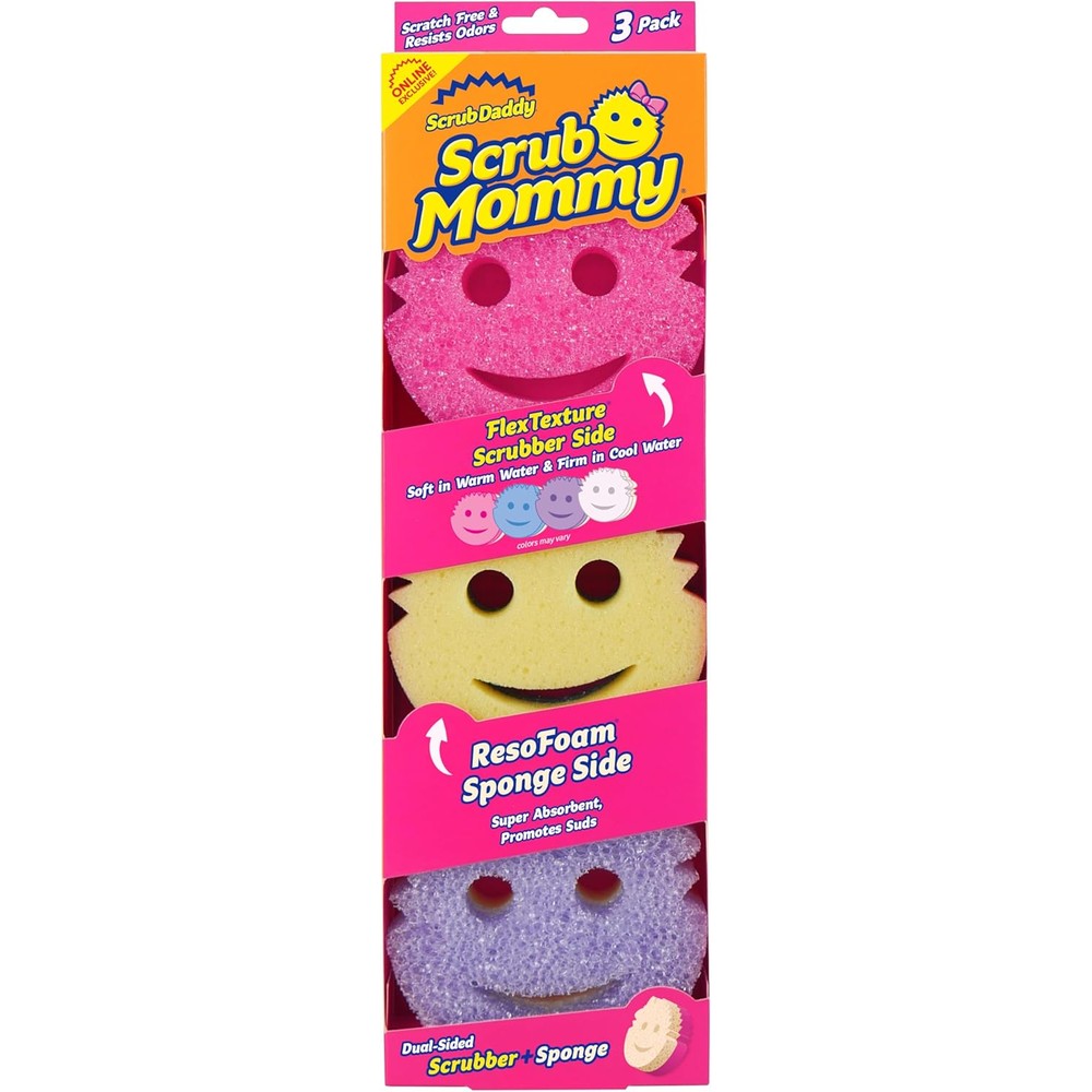 Scrub Daddy Scrub Mommy front view showing the dual sided blue and pink kitchen sponge texture.
