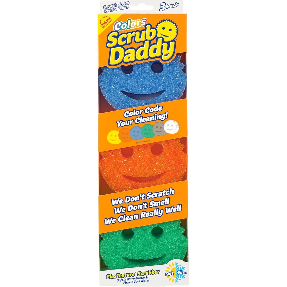 Scrub Daddy Colors 3 Count pack front view featuring vibrant orange blue and green cleaning sponges