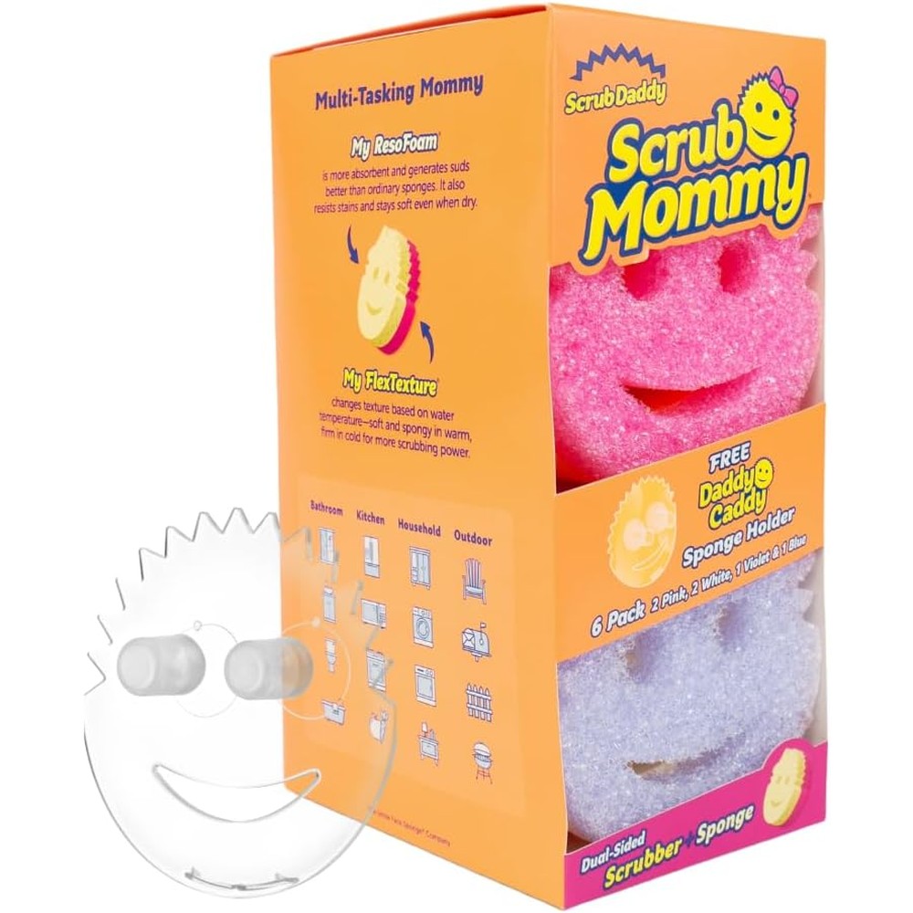 Scrub Daddy Scrub Mommy six count sponge pack and caddy holder retail box front view