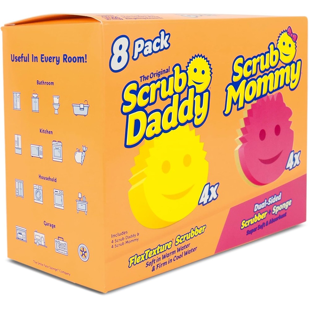 Scrub Daddy and Scrub Mommy 8-pack front view showing original smiley face sponges