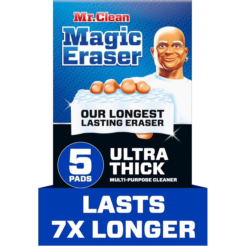 Mr Clean Magic Eraser Ultra Thick five count pack front view premium imported cleaning sponge