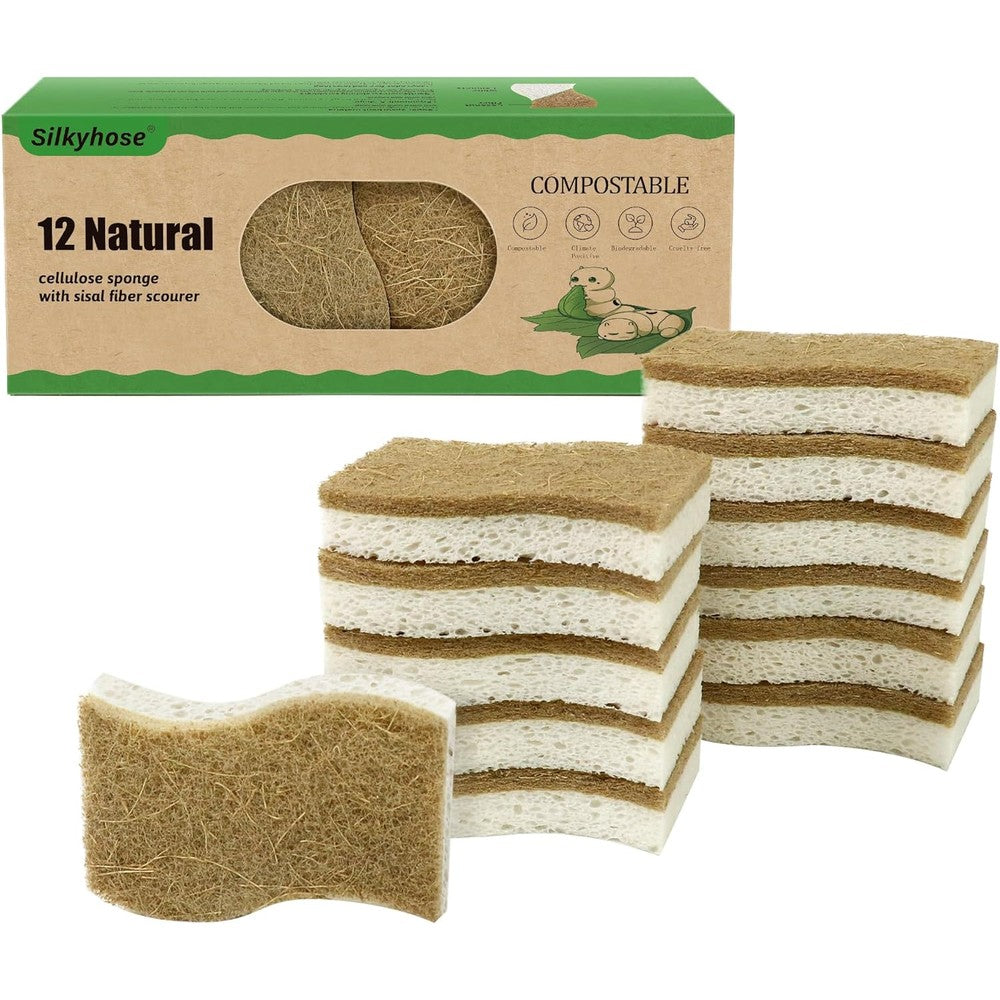 Silkyhose natural kitchen sponges 12 pack front view showing the dual sided white cellulose and brown coconut fiber layers
