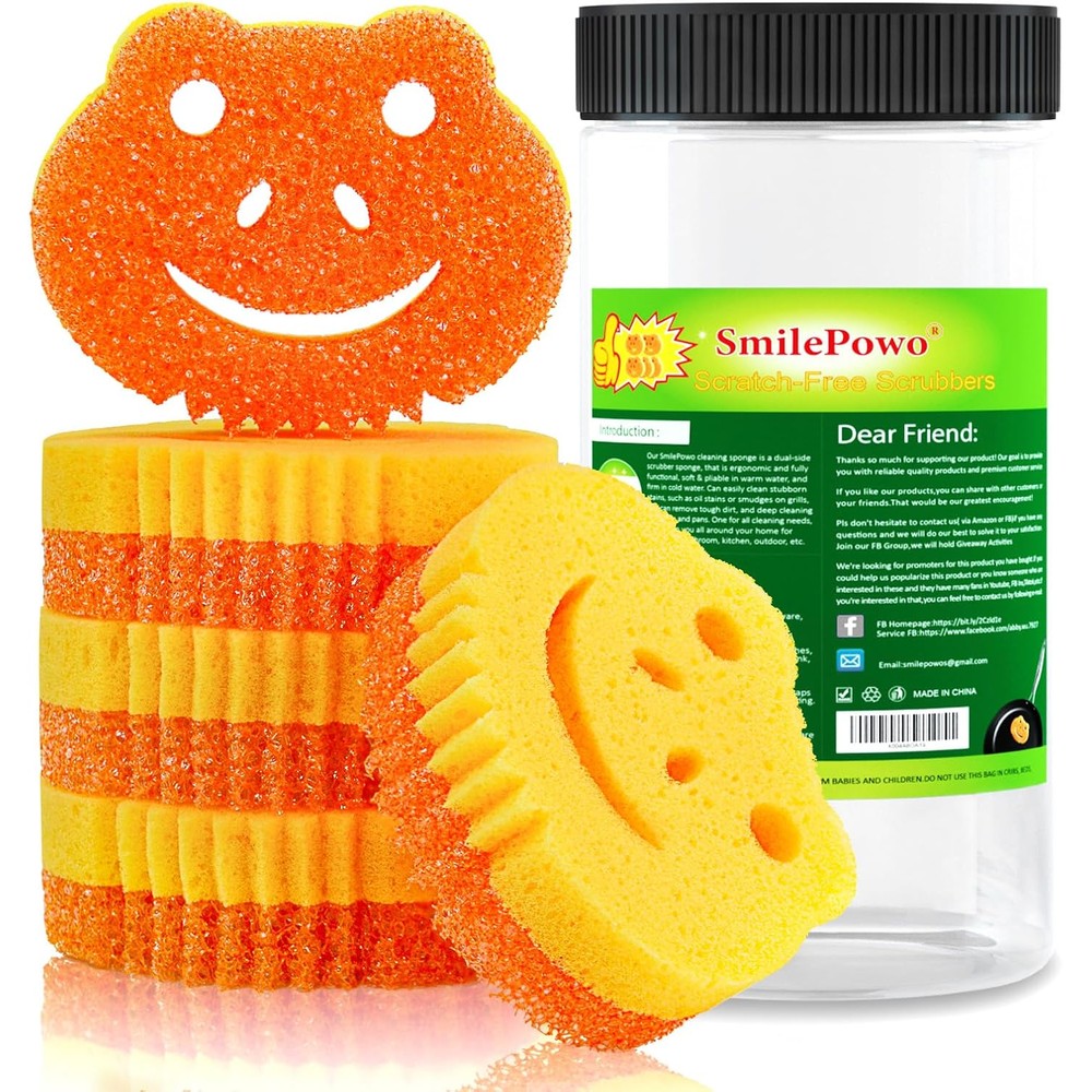 SmilePowo 5 Pack Scrub Sponge front view of packaging showing green frog shape design