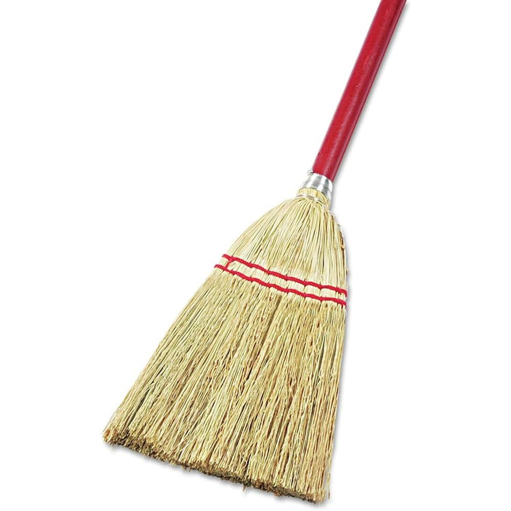 Boardwalk Lobby Toy Broom with red wood handle and natural yellow corn bristles front view