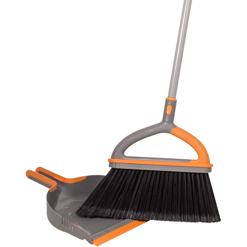 Casabella Ergo Broom Plus and Dustpan front view ergonomic orange handle.
