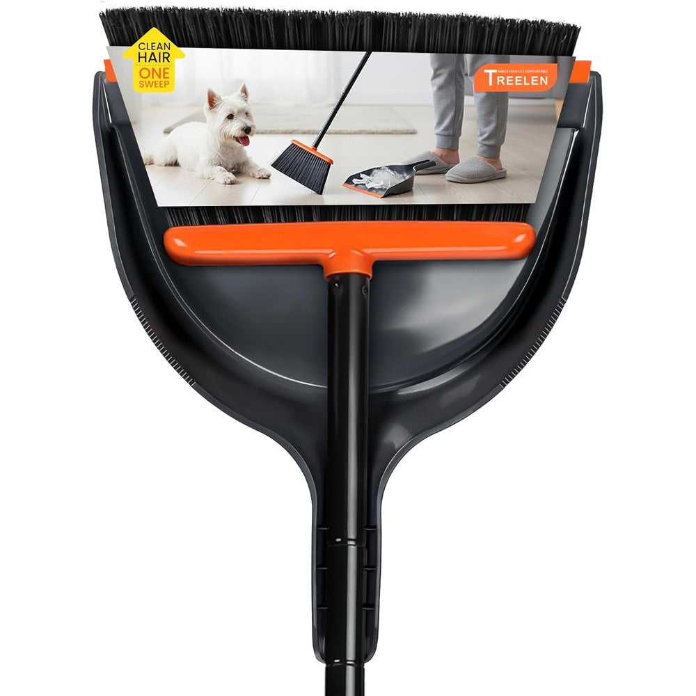 TreeLen Angle Broom and Dustpan Set front view in vibrant orange.