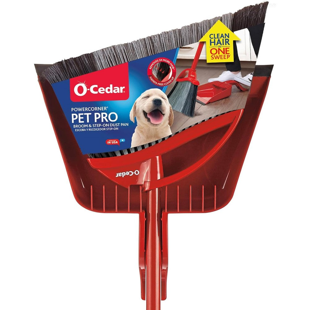 O-Cedar Pet Pro Broom front view with red step-on dustpan set