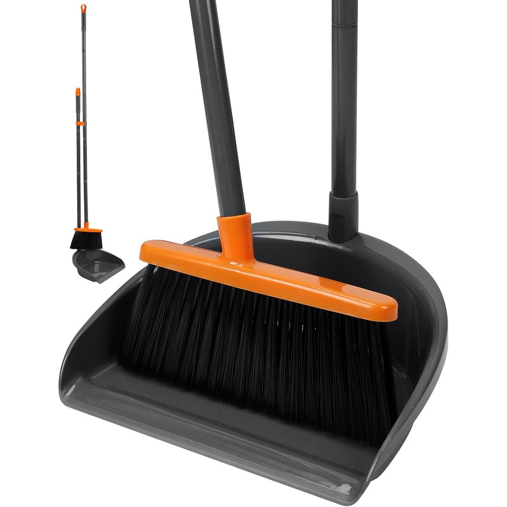 REEWII long handle broom and dustpan combo front view for floor cleaning