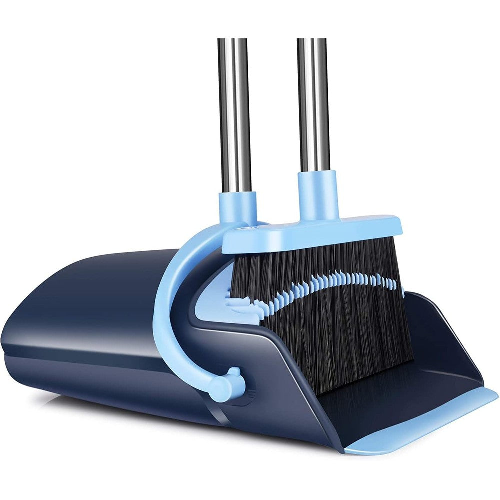 Ollsdire broom and dustpan set front view showing long stainless steel handle.