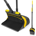 JEHONN Broom and Dustpan Set front view showing the long handle standing upright on a kitchen floor.