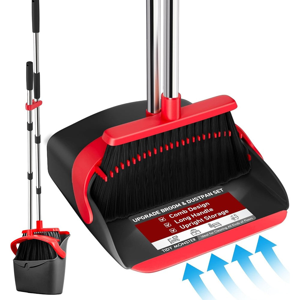 Tidy Monster Broom and Dustpan Set front view showing upright standing design.