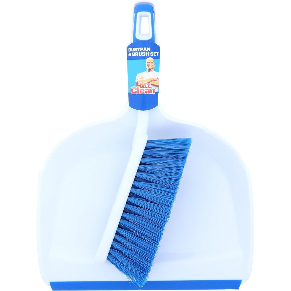 Mr. Clean Dust Pan and Brush Set front view showing white and blue color scheme.