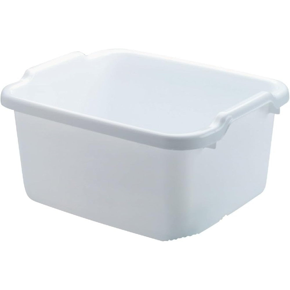 Rubbermaid white rectangular dishpan front view for kitchen sink organization.