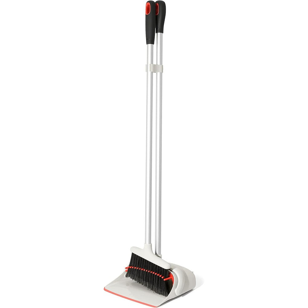 OXO Good Grips Upright Sweep Set front view showing white and orange broom and dustpan.