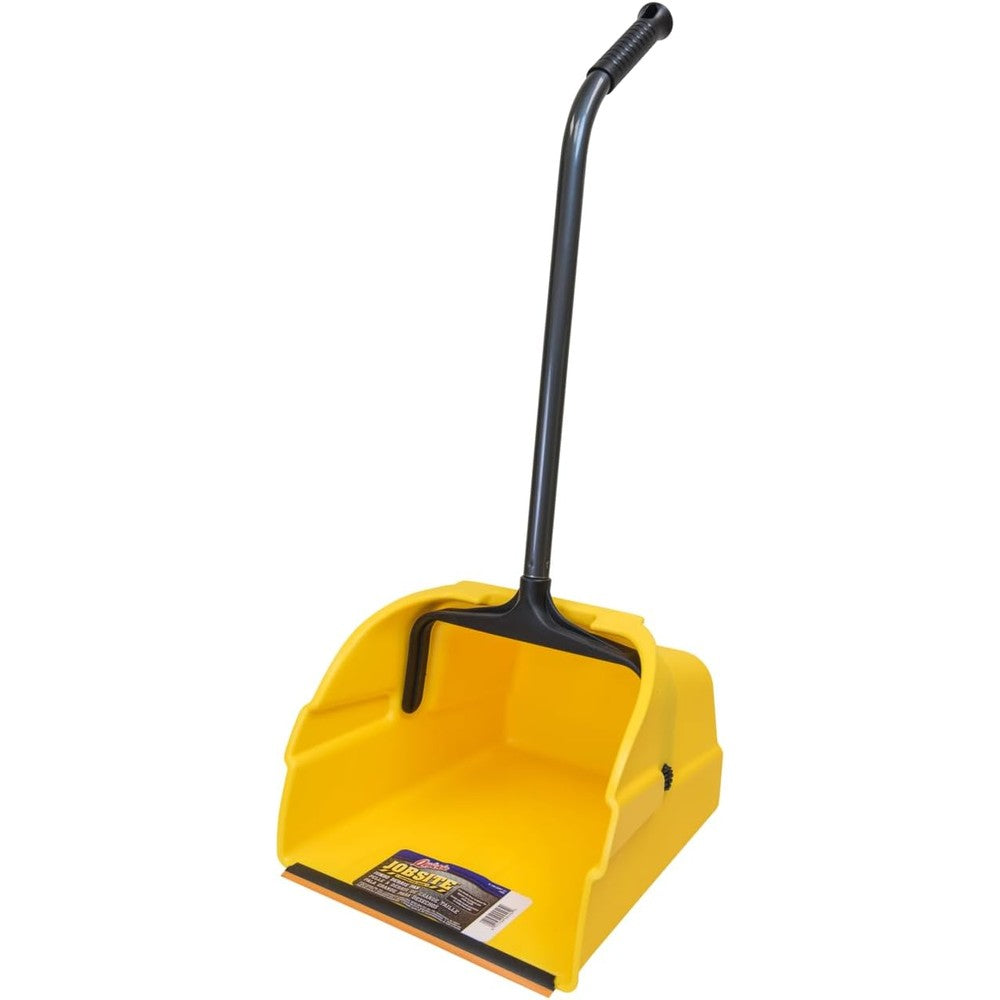 Quickie Debris Dustpan front view showing yellow jumbo pan and steel handle.