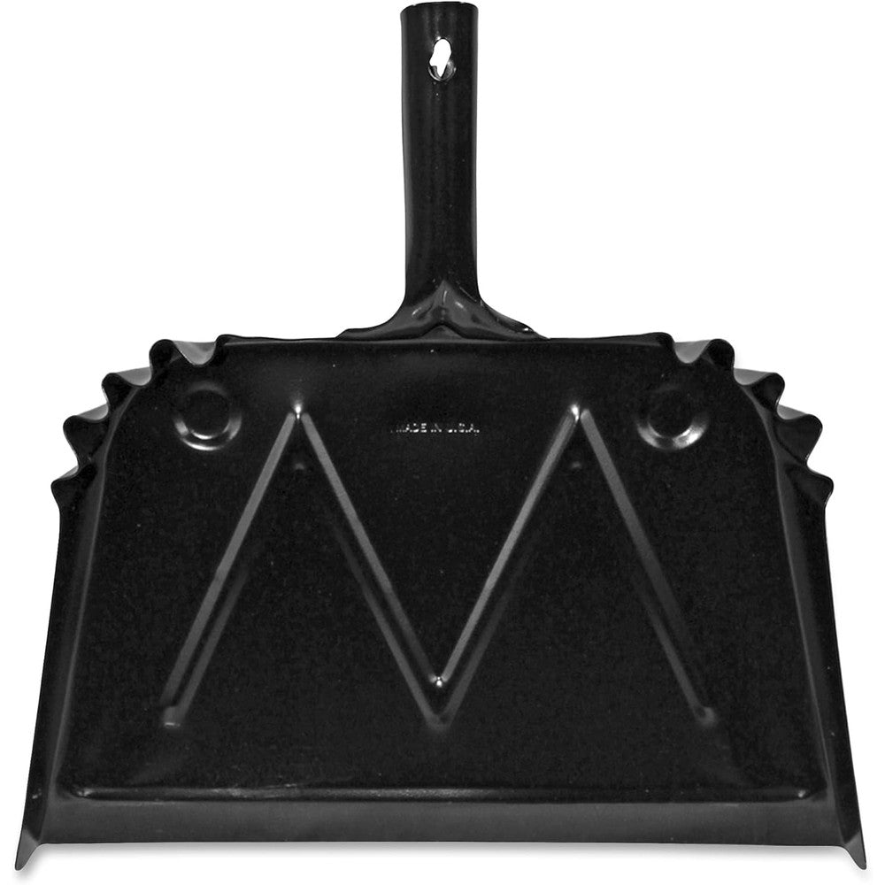 Genuine Joe heavy-duty metal dustpan front view 16-inch wide industrial cleaning tool.