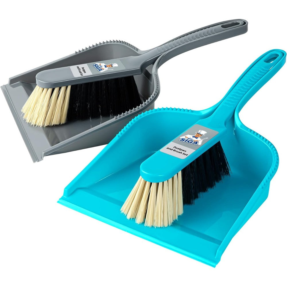 MR. SIGA Dustpan and Brush Set front view showing blue and grey packs.