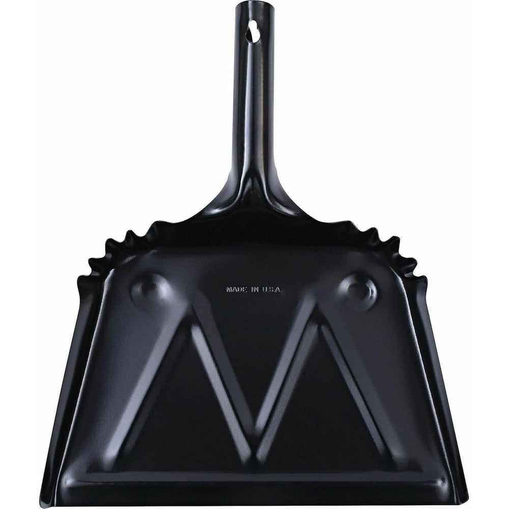 Genuine Joe heavy duty black metal dustpan front view industrial cleaning tool.
