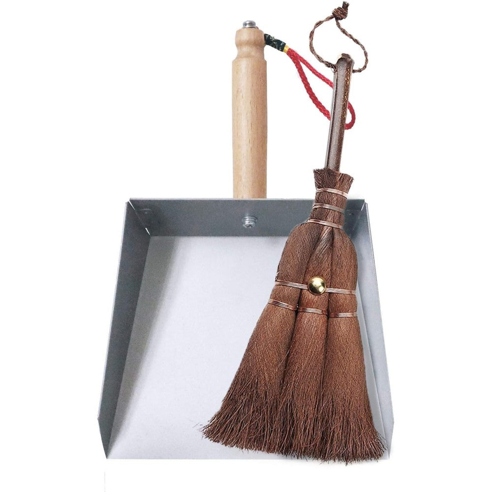 OAKART Mini Metal Dustpan and Brush Set front view for fireplace cleaning.