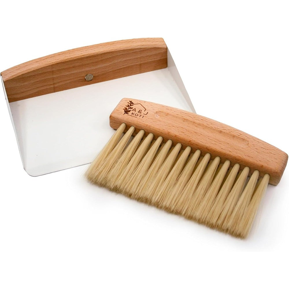 A&J Koti Table Crumb Sweeper front view showing wooden brush and metal dustpan set for kitchen cleaning.