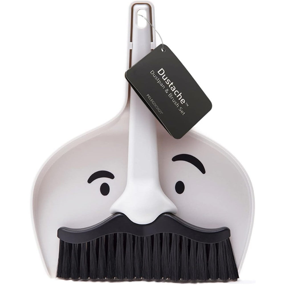 Peleg Design Dustache small dustpan and brush set front view showing unique mustache design