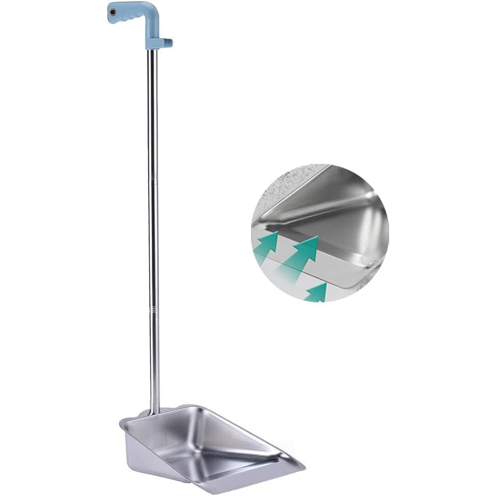 YONILL metal upright dustpan with long handle front view for standing floor cleaning