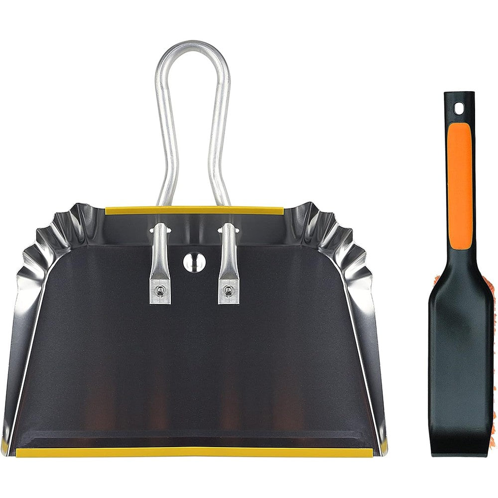 PHYEX 17 inch heavy duty metal dust pan and brush set front view for premium workshop cleaning