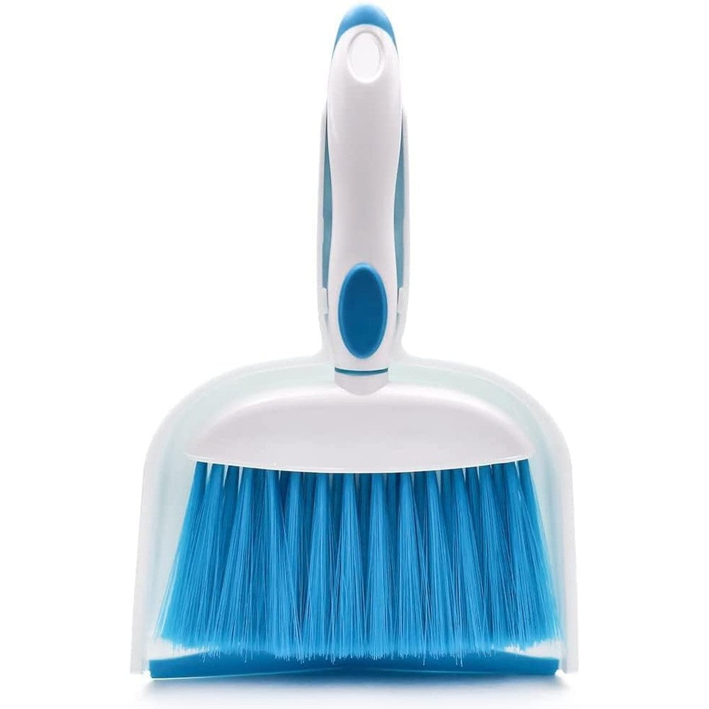 WDDBHSKN small broom and dustpan set front view featuring blue handheld brush nested inside the matching dustpan tray.