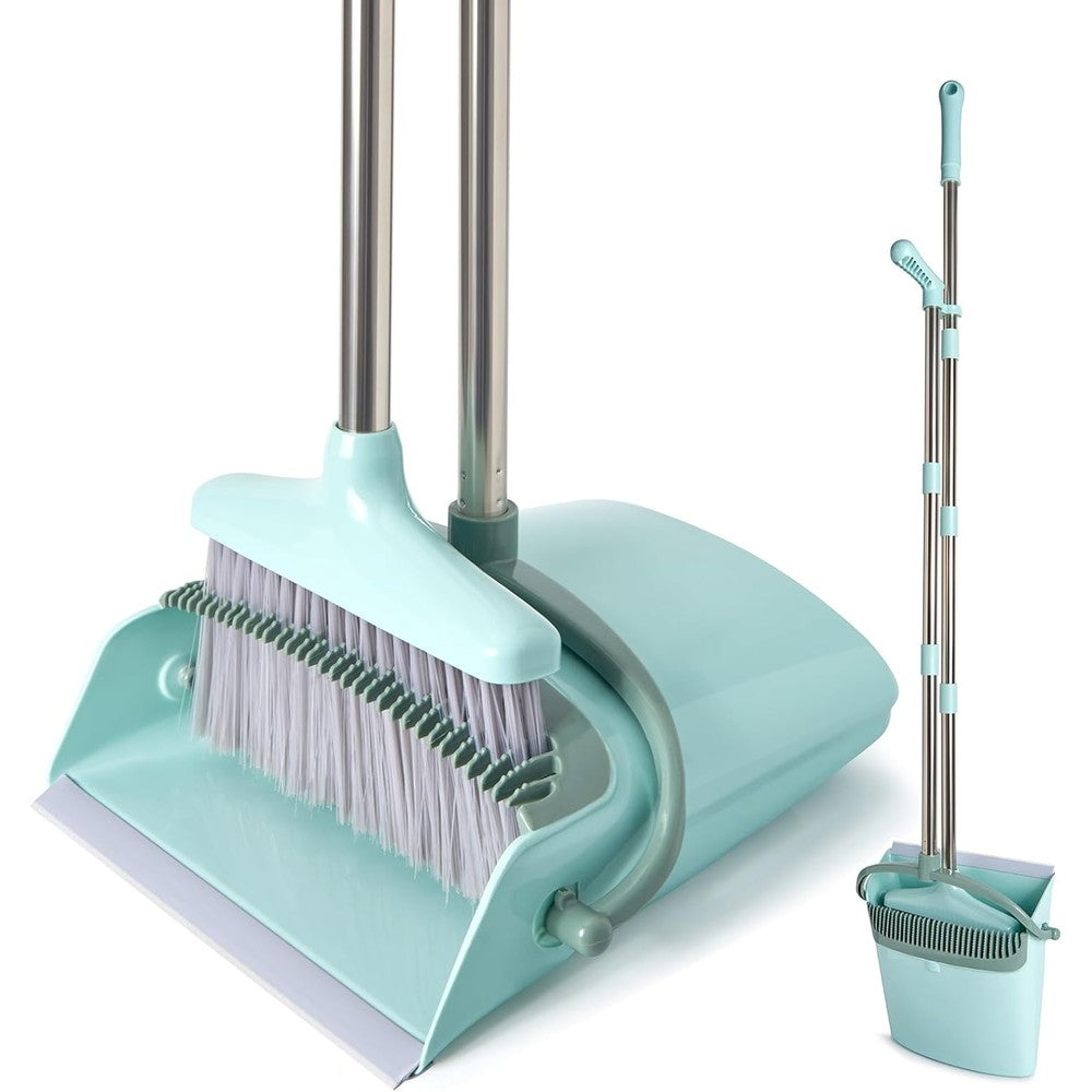 XXXFLOWER broom and dustpan set front view featuring bluish green color design.