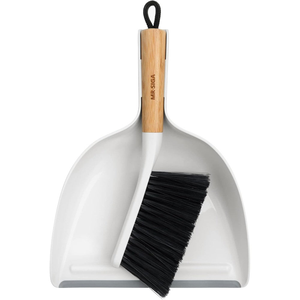 MR.SIGA Dustpan and Brush Set front view showing the white dustpan and bamboo handle brush nested together.