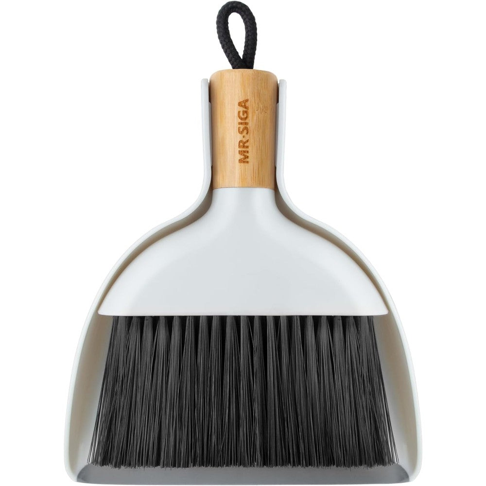 MR.SIGA Mini Dustpan and Brush Set front view showing the premium natural bamboo handle.