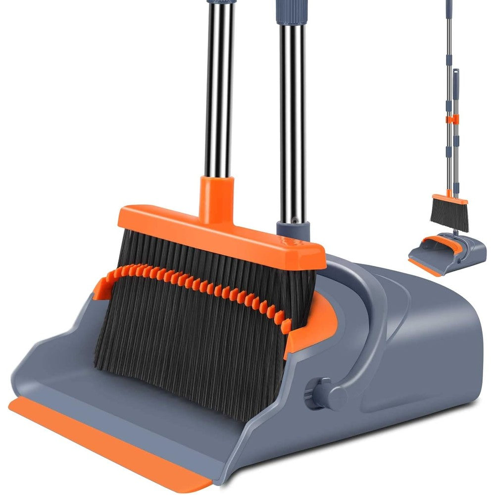 Kelamayi upgrade broom and dustpan set front view showcasing gray and orange color design for household cleaning.
