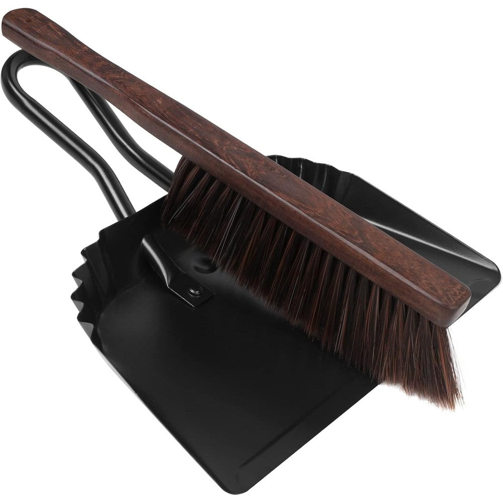 Yangbaga heavy duty metal dustpan and brush set front view showing traditional wood handle broom.