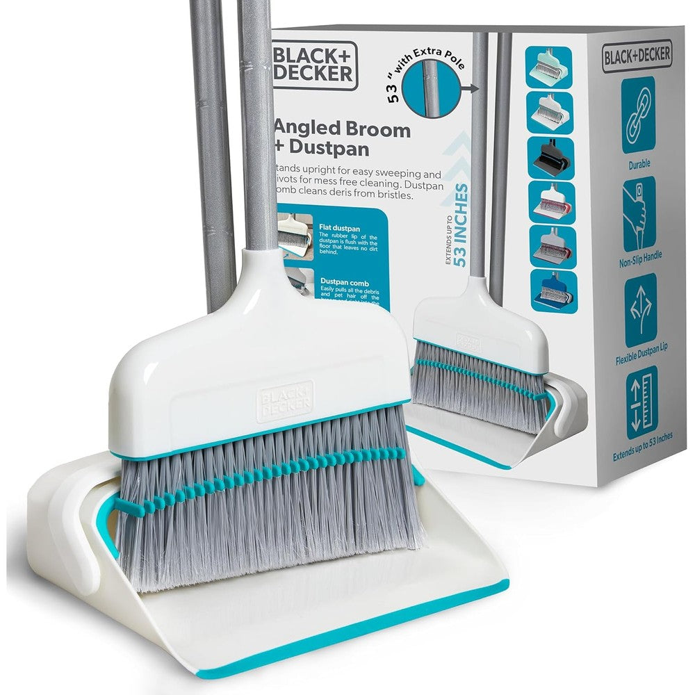 BLACK+DECKER Butler Broom and Dustpan Set front view standing upright on kitchen floor.
