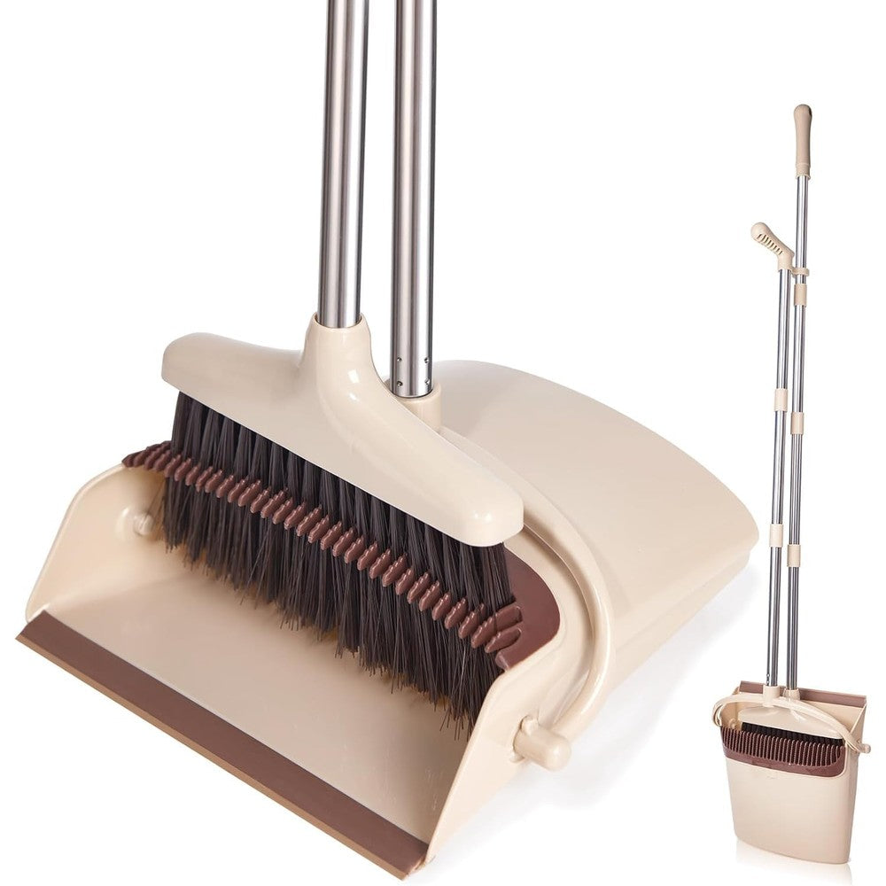 XXFLOWER broom and dustpan set front view showcasing brown and beige design on kitchen tile flooring