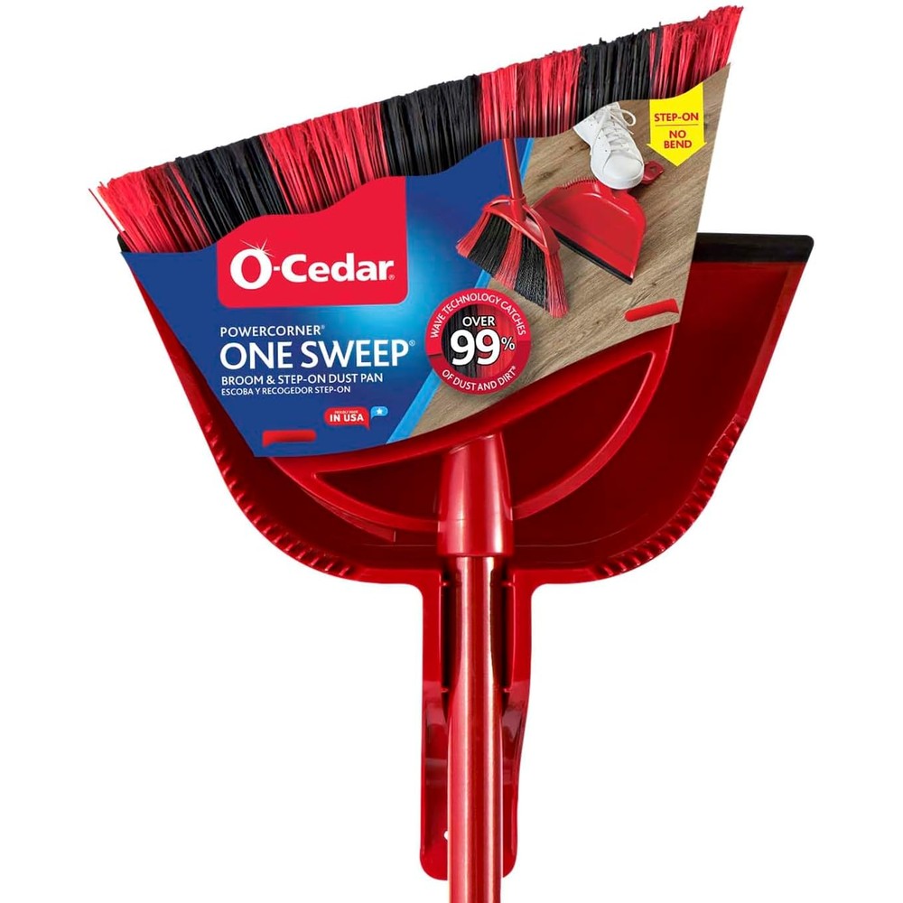 O-Cedar PowerCorner One Sweep Broom with Step-On Dustpan front view showcasing the red broom head and matching red dustpan.