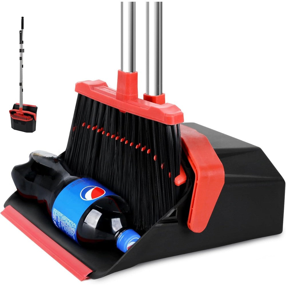 Tiumso Upgrade Broom with Dustpan Combo Set front view standing upright on kitchen tile floor