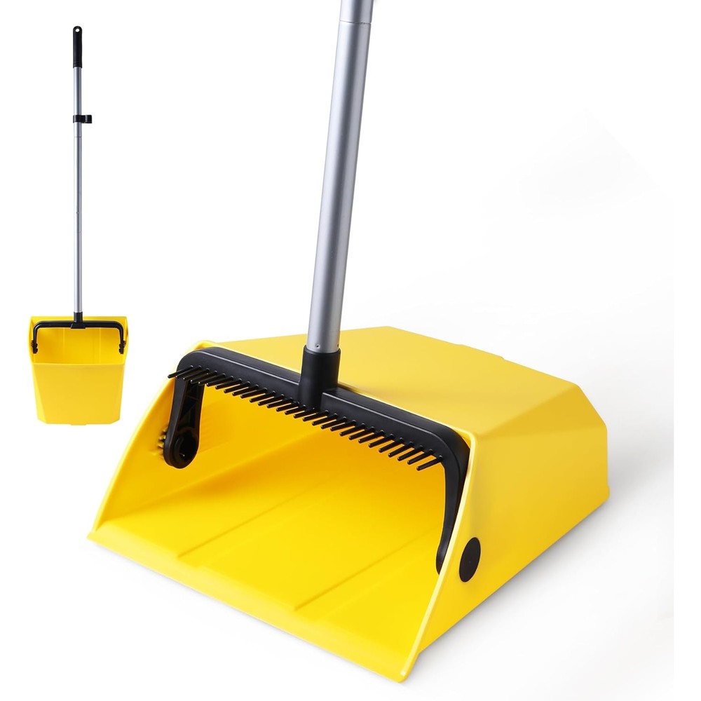 Yocada commercial dustpan with comb front view showing yellow heavy duty plastic pan and long metal handle for commercial floor cleaning.