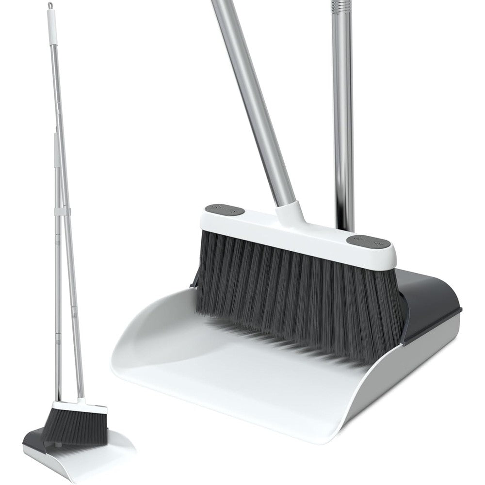 KalTell stand up dustpan and broom set front view showcasing the 50 inch long handle configuration.