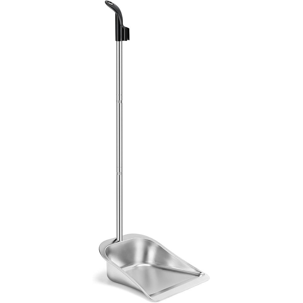 Yangbaga heavy duty stainless steel long handle dustpan front view for ergonomic floor sweeping.