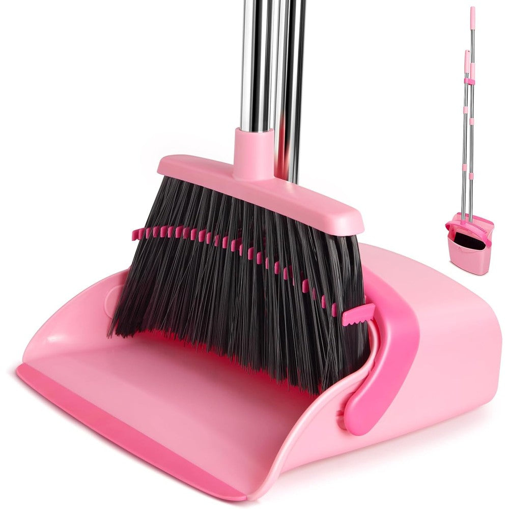 XXFLOWER broom and dustpan set pink front view standing upright for home cleaning